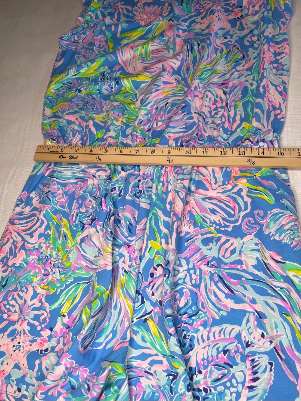 Lilly Pulitzer Blue Pink Tropical Print Romper Size L Ruffle Sleeve Keyhole Back - Picture 8 of 12